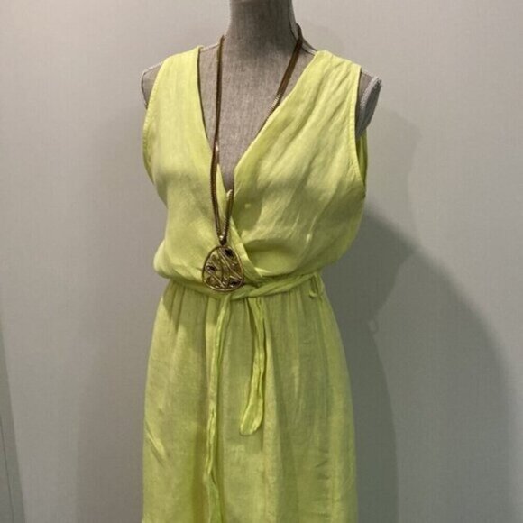 Via Signora Neon Yellow Linen Maxi Dress Medium fit - Picture 12 of 16